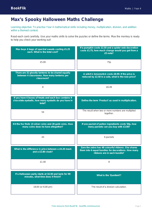 Free Halloween Maths Flashcards | Year 4 Core | BookFlik worksheet preview — Maths Halloween Maths