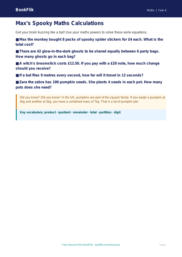 Free Halloween Maths Poster | Year 4 Core | BookFlik worksheet preview — Maths Halloween Maths