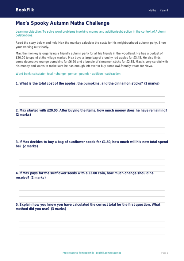 Free Halloween Maths Track Sheet | Year 4 Core | BookFlik worksheet preview — Maths Halloween Maths