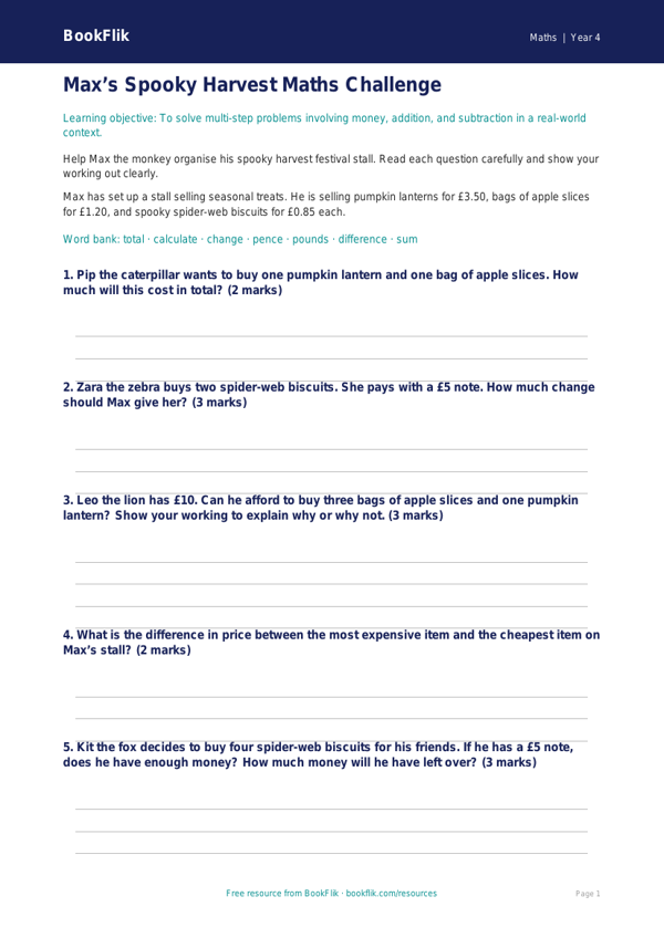 Free Halloween Maths Worksheet | Year 4 Core | BookFlik worksheet preview — Maths Halloween Maths