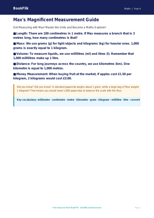 Free Measurement Poster | Year 4 Core | BookFlik worksheet preview — Maths Measurement