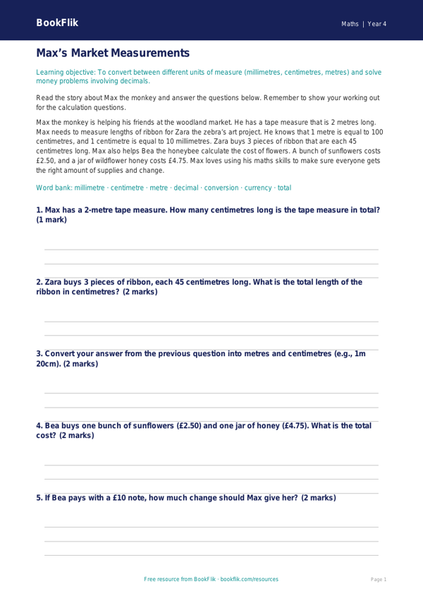Free Measurement Track Sheet | Year 4 Core | BookFlik worksheet preview — Maths Measurement