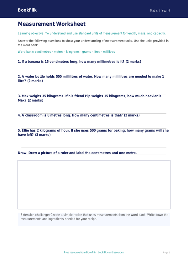 Free Measurement Worksheet | Year 4 Core | BookFlik worksheet preview — Maths Measurement