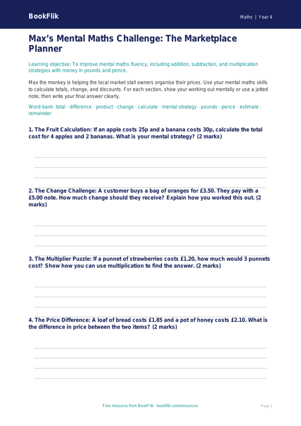 Free Mental Maths Template | Year 4 Core | BookFlik worksheet preview — Maths Mental Maths