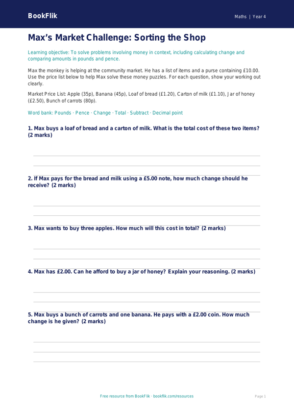 Free Money Activity Sheet | Year 4 Core | BookFlik worksheet preview — Maths Money