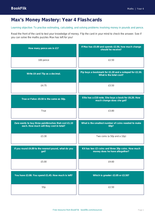 Free Money Flashcards | Year 4 Core | BookFlik worksheet preview — Maths Money