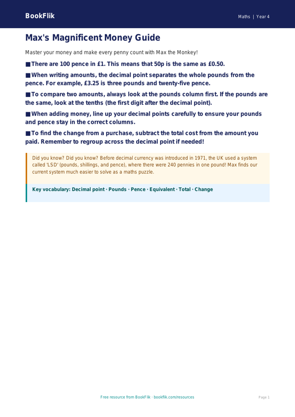 Free Money Poster | Year 4 Core | BookFlik worksheet preview — Maths Money