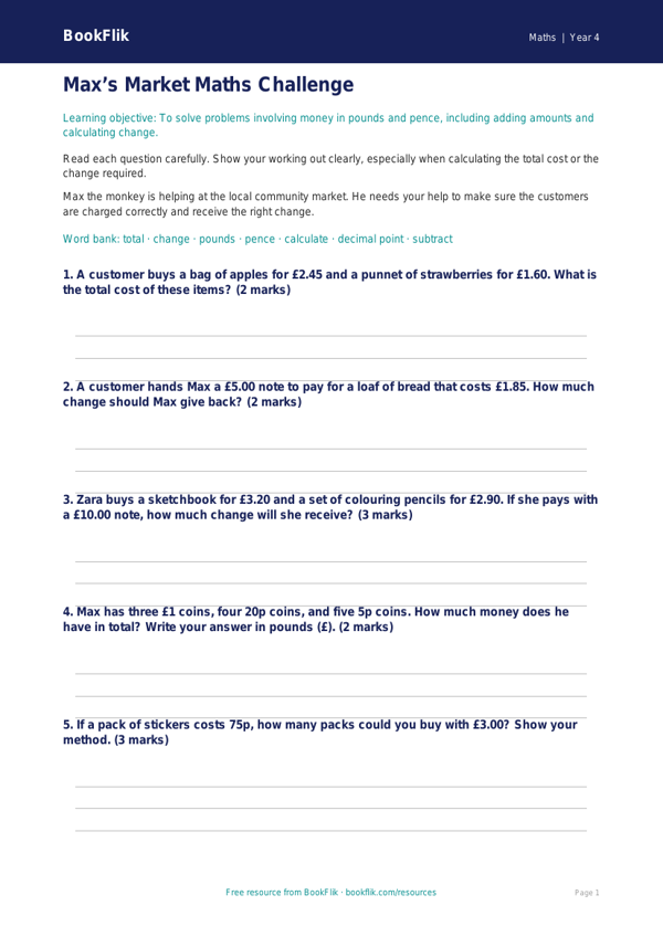 Free Money Worksheet | Year 4 Core | BookFlik worksheet preview โ Maths Money