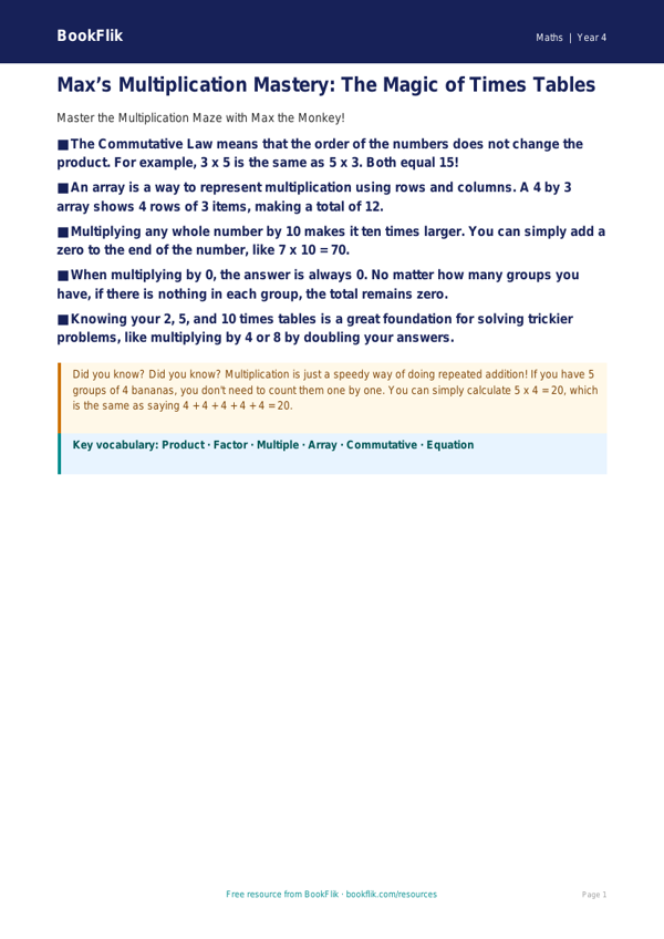 Free Multiplication Poster | Year 4 Core | BookFlik worksheet preview — Maths Multiplication