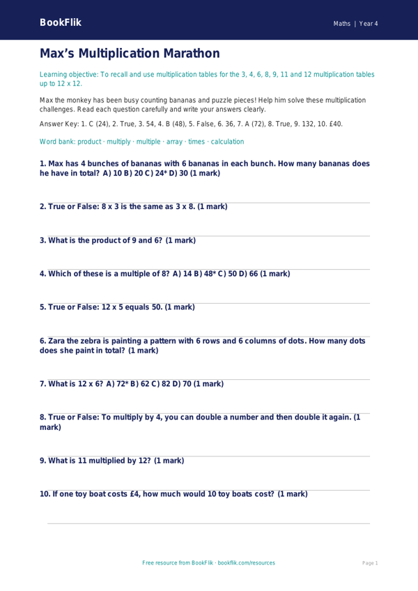 Free Multiplication Quiz | Year 4 Core | BookFlik worksheet preview — Maths Multiplication