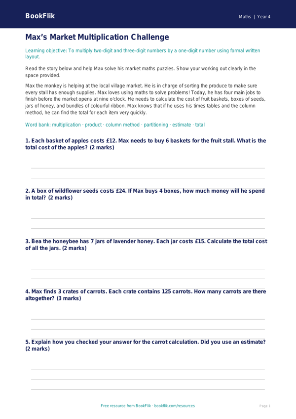 Free Multiplication Track Sheet | Year 4 Core | BookFlik worksheet preview — Maths Multiplication