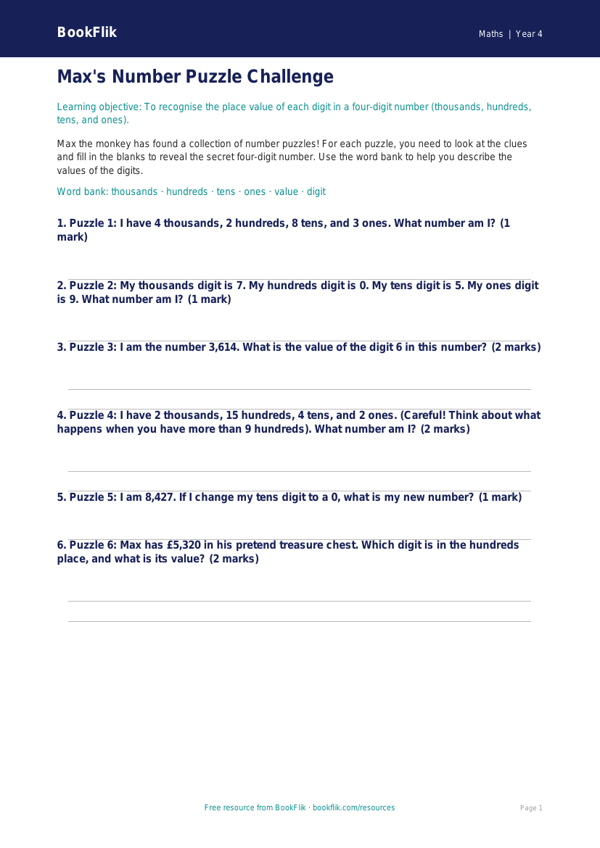 Free Place Value Activity Sheet | Year 4 Core | BookFlik worksheet preview — Maths Place Value