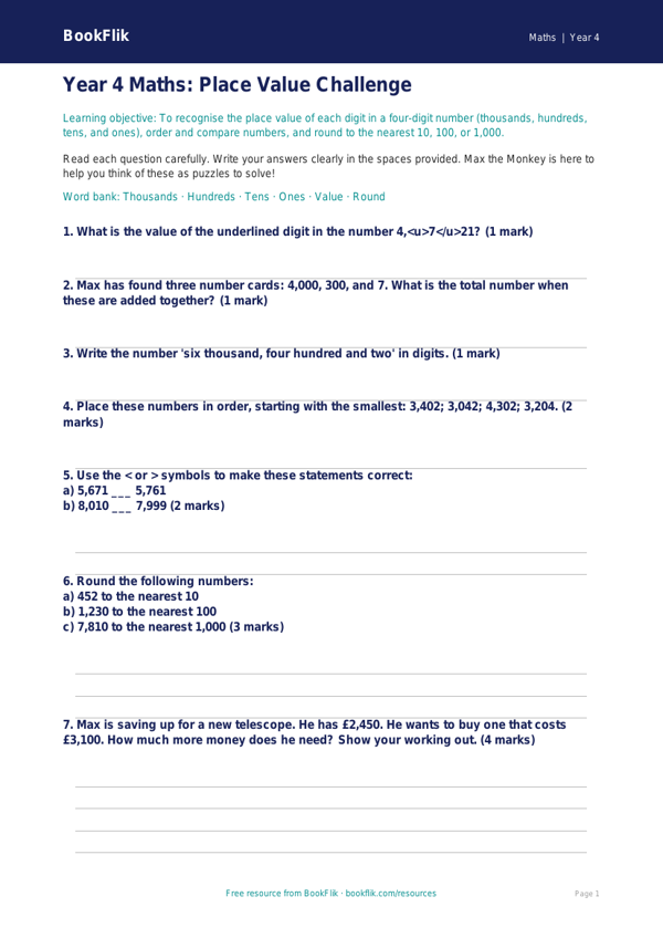 Free Place Value Assessment | Year 4 Core | BookFlik worksheet preview — Maths Place Value