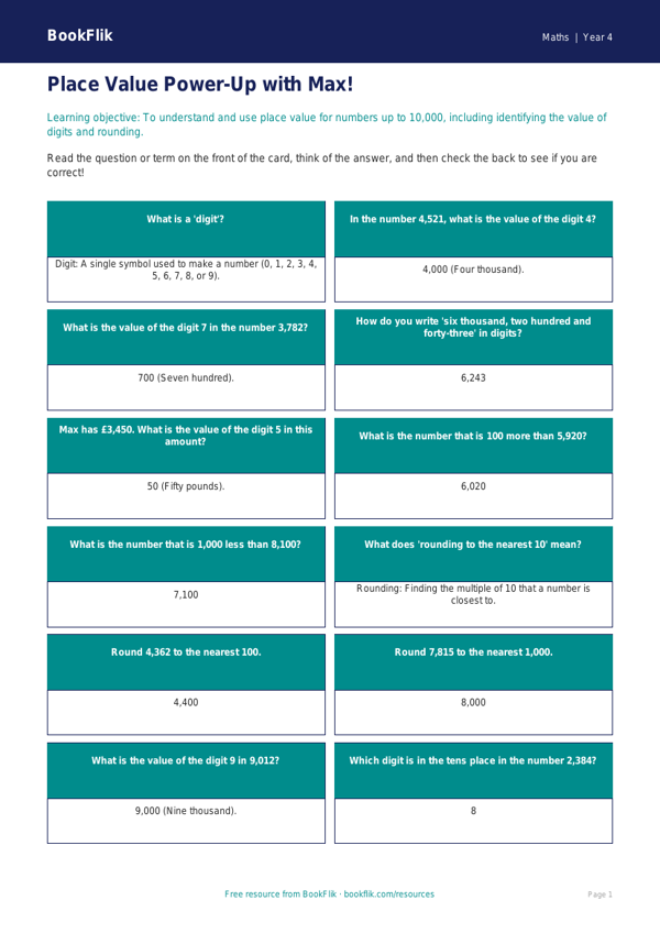 Free Place Value Flashcards | Year 4 Core | BookFlik worksheet preview — Maths Place Value