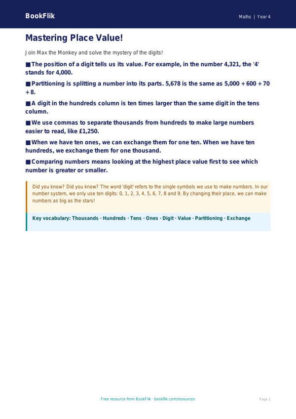 Free Place Value Poster | Year 4 Core | BookFlik worksheet preview — Maths Place Value