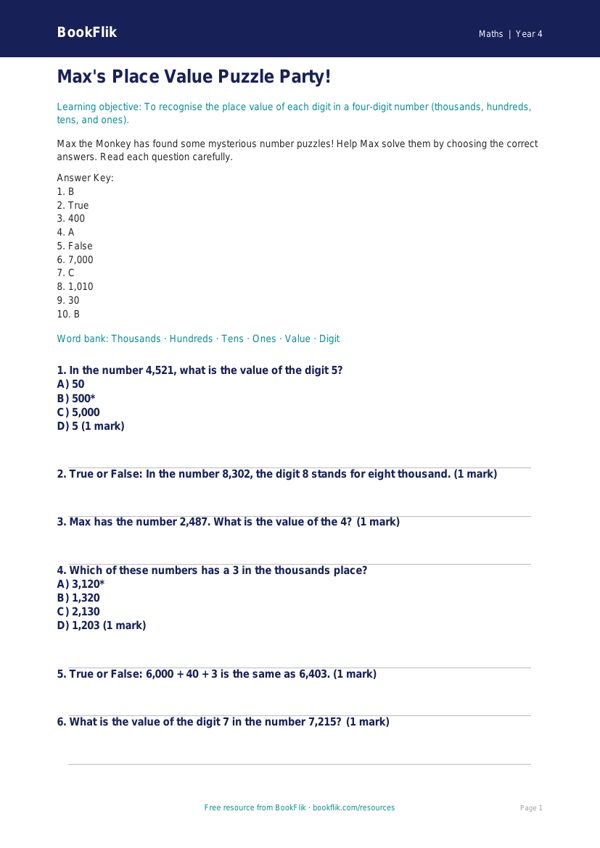 Free Place Value Quiz | Year 4 Core | BookFlik worksheet preview — Maths Place Value