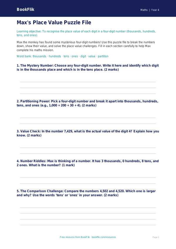 Free Place Value Template | Year 4 Core | BookFlik worksheet preview — Maths Place Value