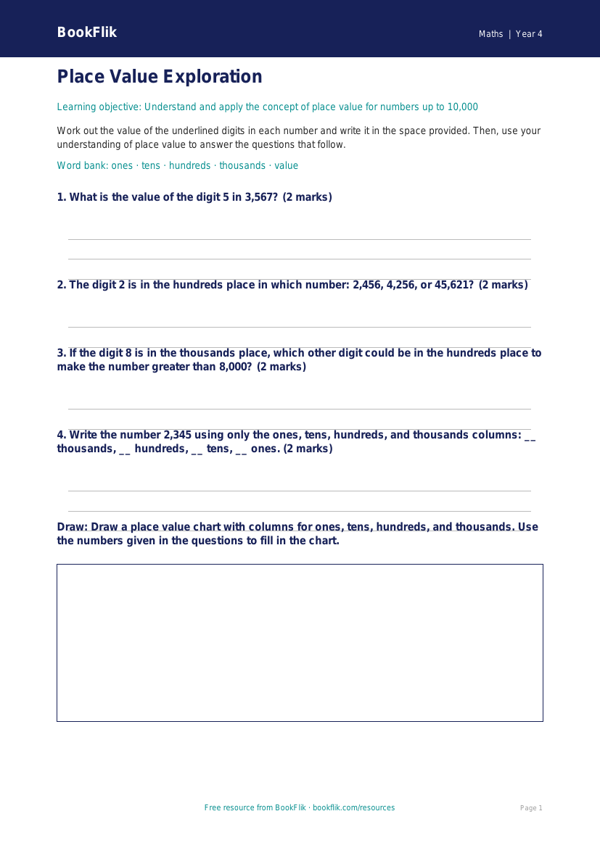 Free Place Value Worksheet | Year 4 Core | BookFlik worksheet preview — Maths Place Value