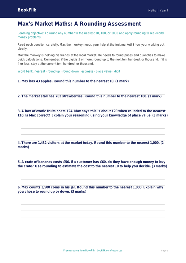Free Rounding Assessment | Year 4 Core | BookFlik worksheet preview — Maths Rounding