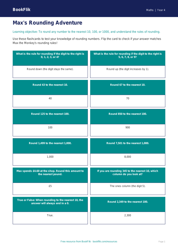 Free Rounding Flashcards | Year 4 Core | BookFlik worksheet preview — Maths Rounding