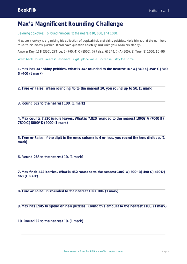 Free Rounding Quiz | Year 4 Core | BookFlik worksheet preview — Maths Rounding