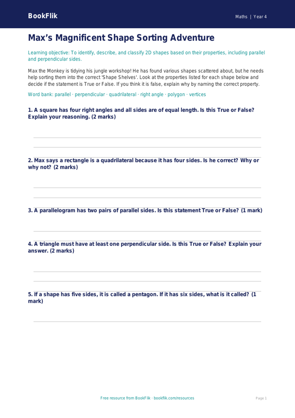 Free Shape Activity Sheet | Year 4 Core | BookFlik worksheet preview — Maths Shape