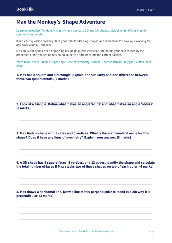 Free Shape Assessment | Year 4 Core | BookFlik worksheet preview — Maths Shape