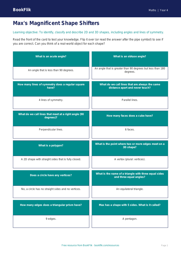 Free Shape Flashcards | Year 4 Core | BookFlik worksheet preview โ Maths Shape