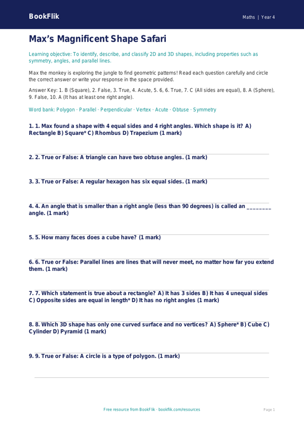 Free Shape Quiz | Year 4 Core | BookFlik worksheet preview — Maths Shape
