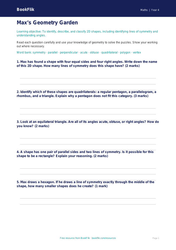 Free Shape Worksheet | Year 4 Core | BookFlik worksheet preview โ Maths Shape