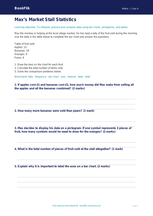 Free Statistics Activity Sheet | Year 4 Core | BookFlik worksheet preview — Maths Statistics