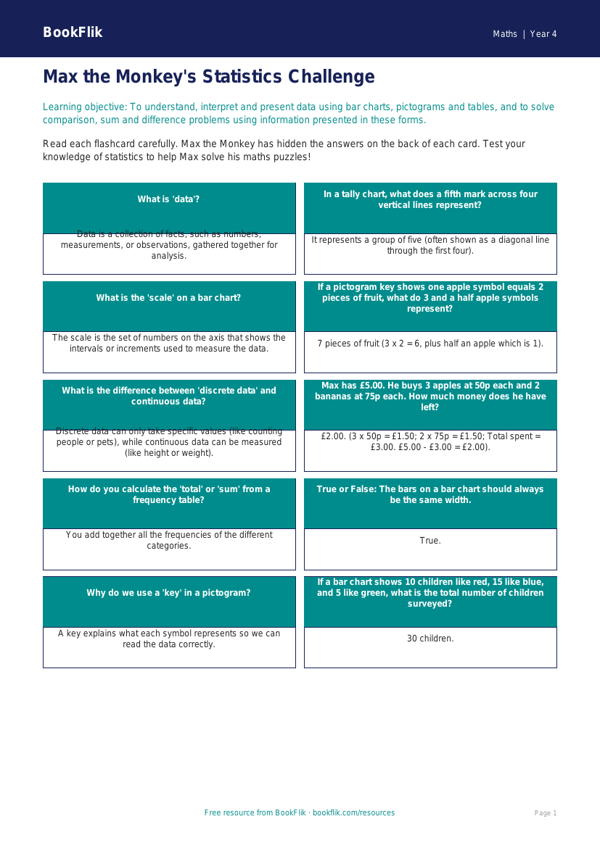 Free Statistics Flashcards | Year 4 Core | BookFlik worksheet preview — Maths Statistics