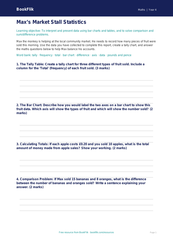 Free Statistics Template | Year 4 Core | BookFlik worksheet preview — Maths Statistics