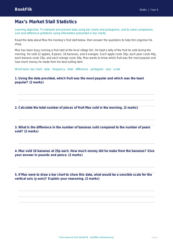 Free Statistics Track Sheet | Year 4 Core | BookFlik worksheet preview — Maths Statistics