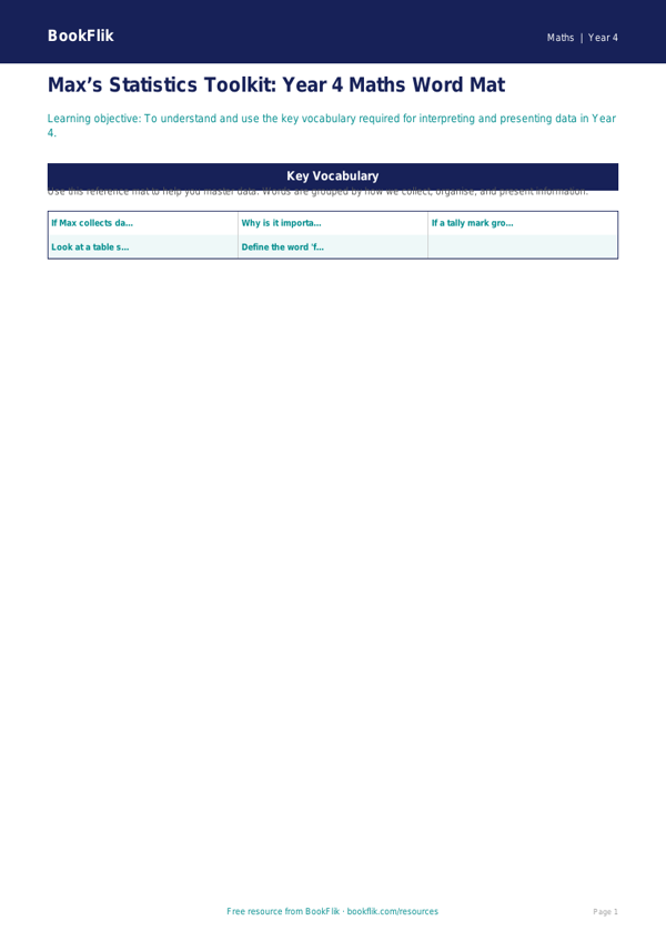 Free Statistics Word Mat | Year 4 Core | BookFlik worksheet preview — Maths Statistics
