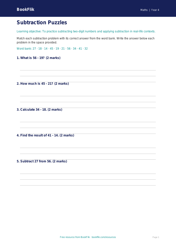 Free Subtraction Activity Sheet | Year 4 Core | BookFlik worksheet preview — Maths Subtraction