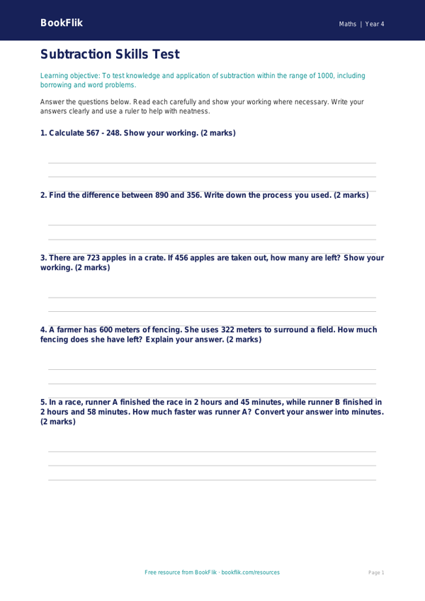 Free Subtraction Assessment | Year 4 Core | BookFlik worksheet preview — Maths Subtraction
