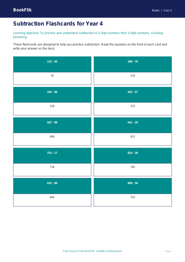 Free Subtraction Flashcards | Year 4 Core | BookFlik worksheet preview — Maths Subtraction