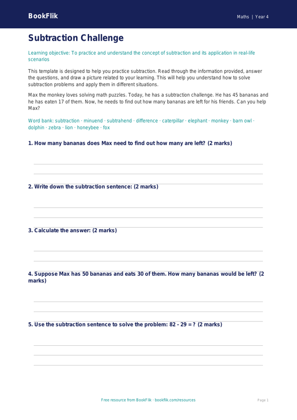 Free Subtraction Template | Year 4 Core | BookFlik worksheet preview — Maths Subtraction