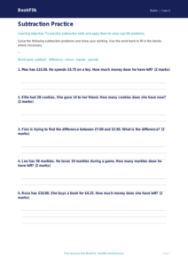 Free Subtraction Worksheet | Year 4 Core | BookFlik