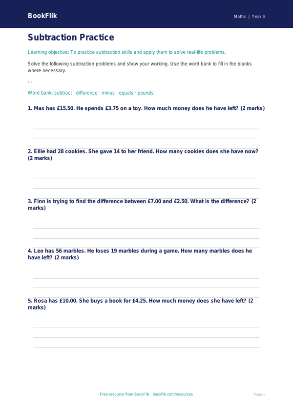 Free Subtraction Worksheet | Year 4 Core | BookFlik worksheet preview — Maths Subtraction
