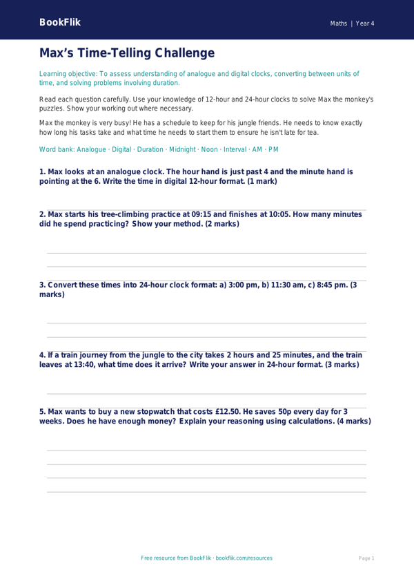 Free Time Assessment Worksheet | Year 4 Math | BookFlik worksheet preview — Maths Time