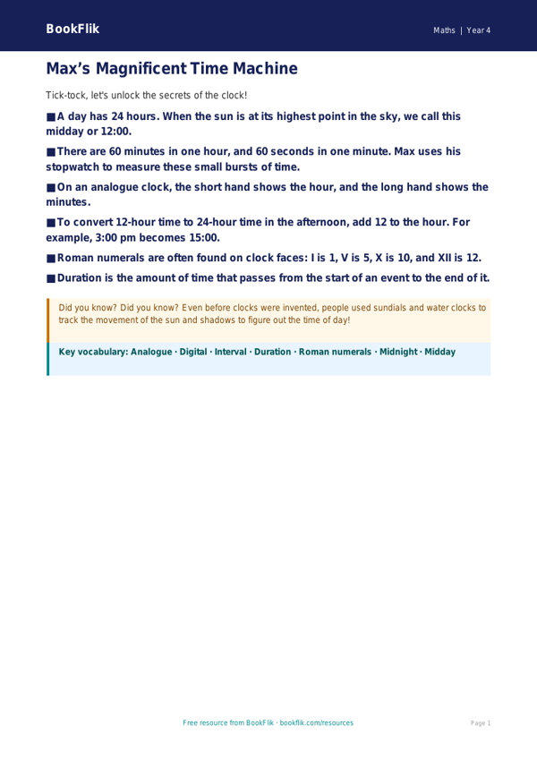 Free Time Poster Worksheet | Year 4 Core | BookFlik worksheet preview — Maths Time