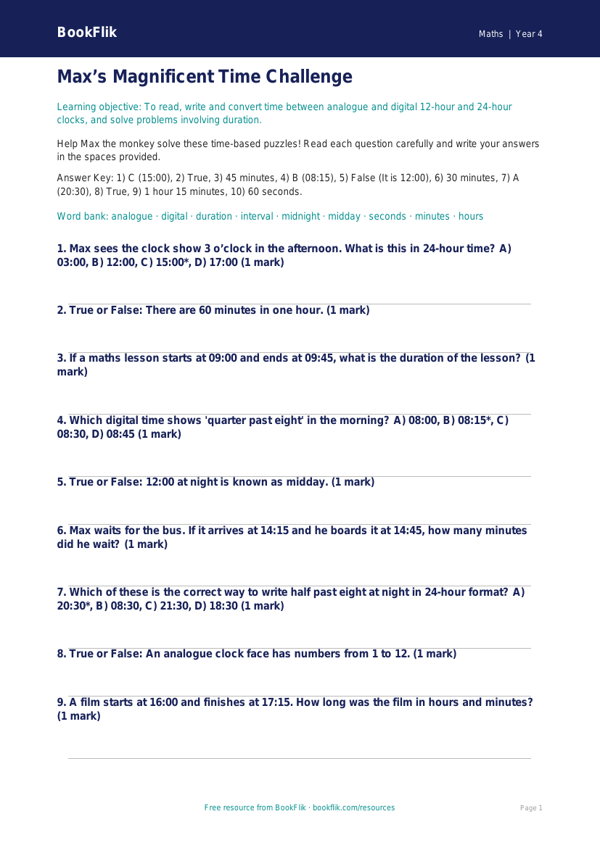 Free Time Quiz | Year 4 Core | BookFlik worksheet preview — Maths Time