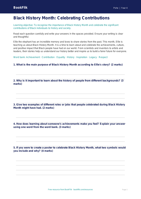 Free Black History Month Assessment | Year 4 Core | BookFlik worksheet preview — Pshe Black History Month