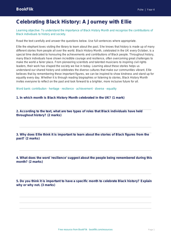 Free Black History Month Comprehension | Year 4 Core | BookFlik worksheet preview — Pshe Black History Month