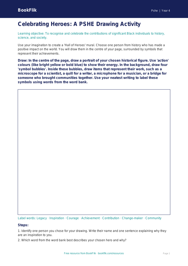 Free Black History Month Drawing Sheet | Year 4 Core | BookFlik worksheet preview — Pshe Black History Month