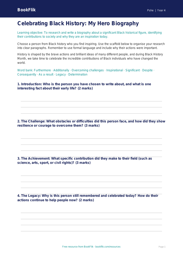 Free Black History Month Writing Frame | Year 4 Core | BookFlik worksheet preview — Pshe Black History Month