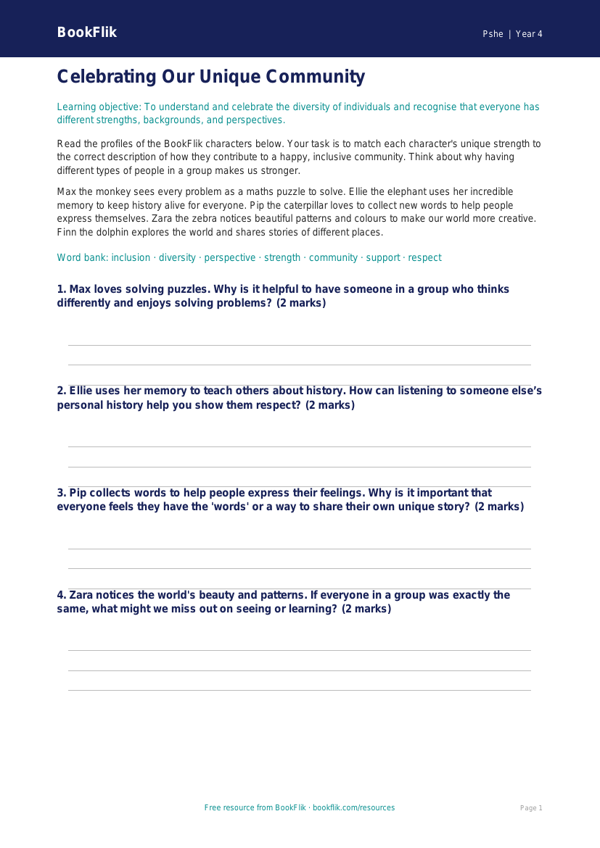 Free Diversity And Inclusion Activity Sheet | Year 4 Core | BookFlik worksheet preview — Pshe Diversity And Inclusion