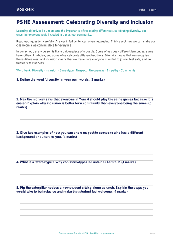 Free Diversity And Inclusion Assessment | Year 4 Core | BookFlik worksheet preview — Pshe Diversity And Inclusion